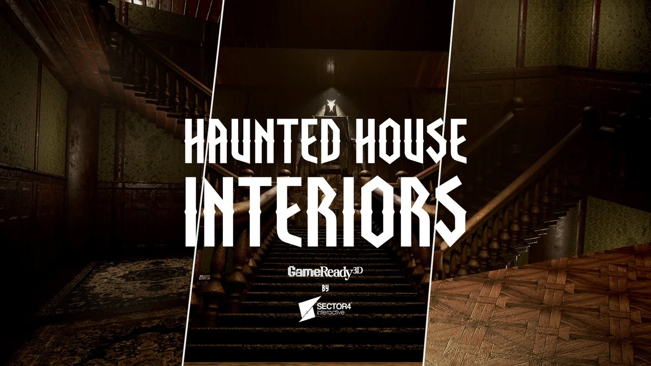 Haunted House Interiors – Props, Doors, Stairs & Decals - Premium 3D Asset Pack featuring bring the fear indoors. this pack focuses on modular room building (wall partitions, doors, stairs) and atmospheric set dressing 